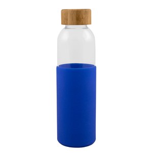 EgotierPro 50019 - Glasflasche 500ml mit Bambusdeckel & Silikonhülle GIN Blue