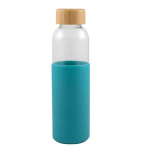 EgotierPro 50019 - Glasflasche 500ml mit Bambusdeckel & Silikonhülle GIN Green